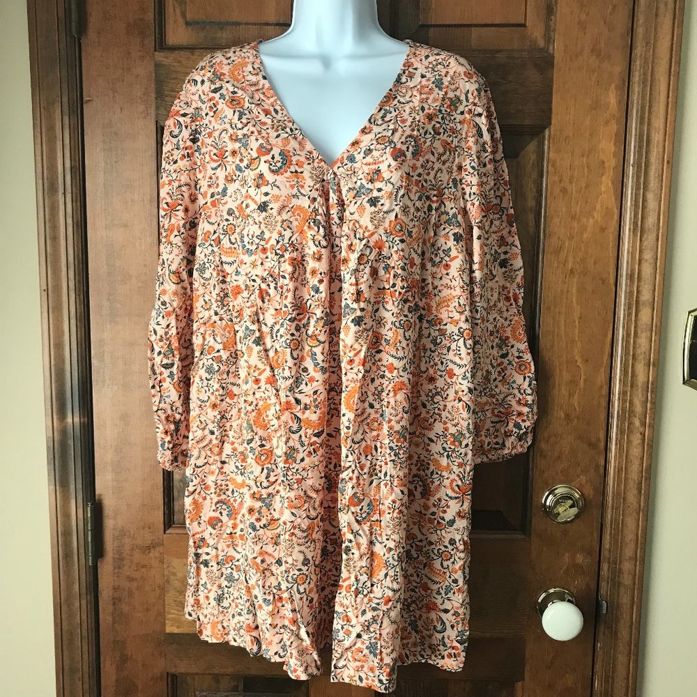 NWT Old Navy Peach w/Golden Yellow Flowers & Moss Green Leaves V-Neck Dress PXL
